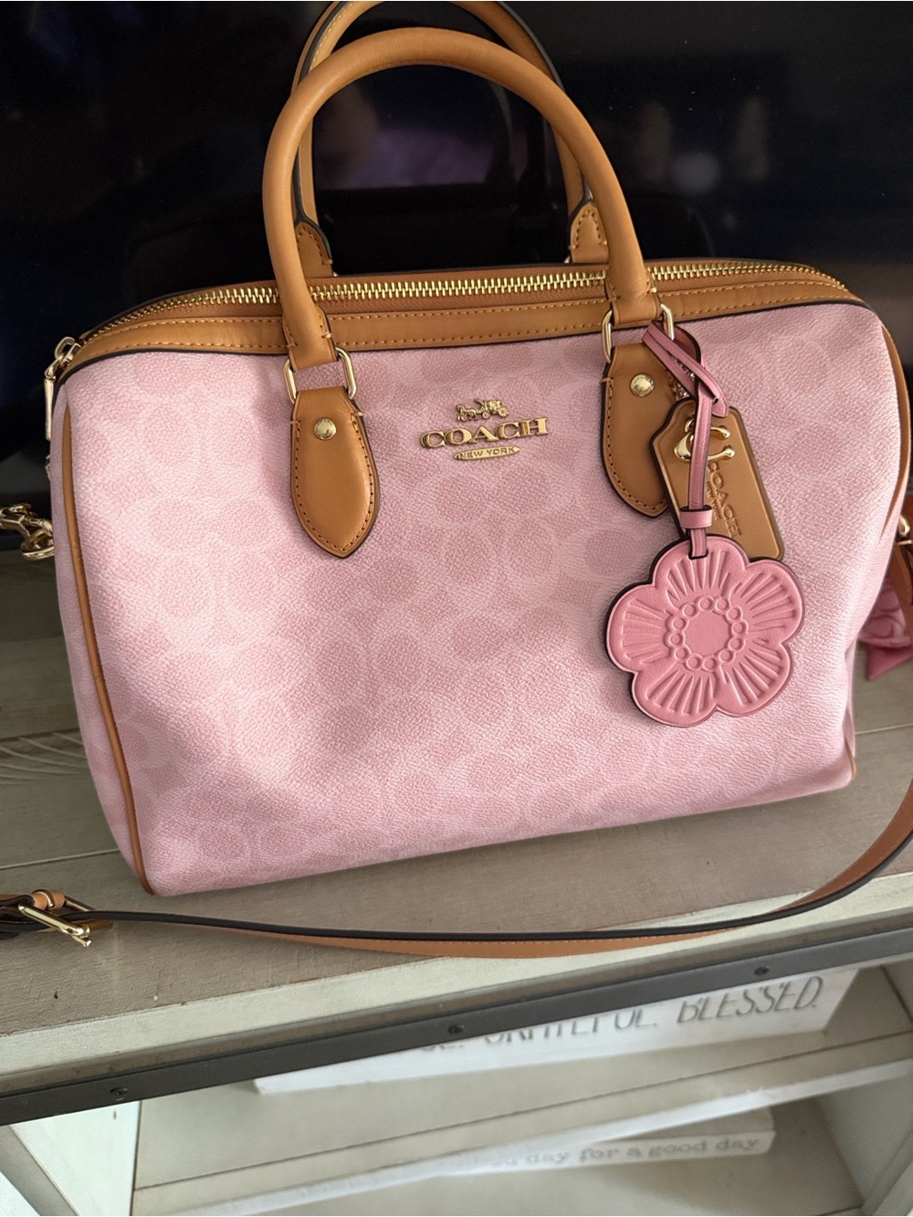 Coach Pink Satchel with Tan Trim and Floral Charm